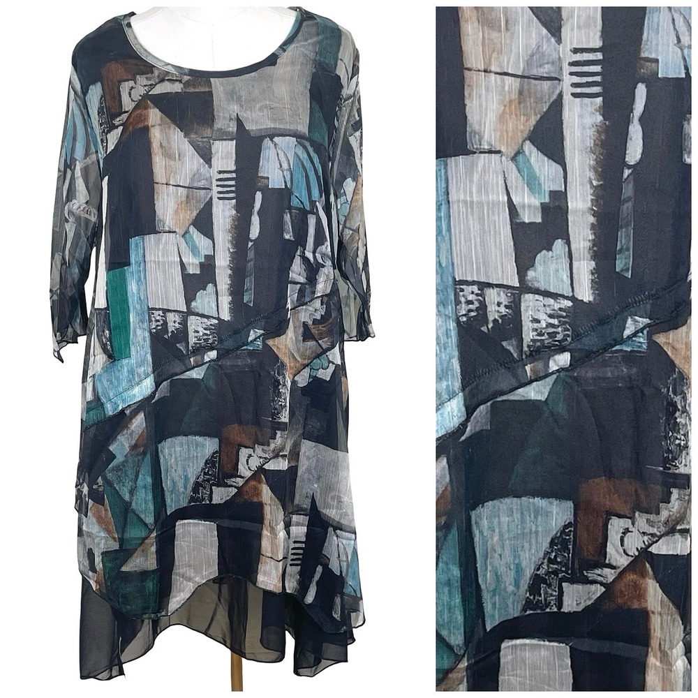 Pretty Angel Abstract Geometric Silk Sheer Layered Tunic Dress Women M Lagenlook